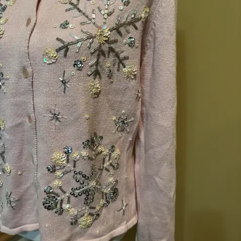 Heirloom Collectibles Christmas Sweater Small Pink Sequin Beaded Snowflakes