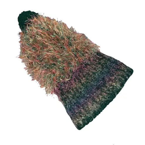 Vintage Multicolored Eyelash Beanie with Pom Green
