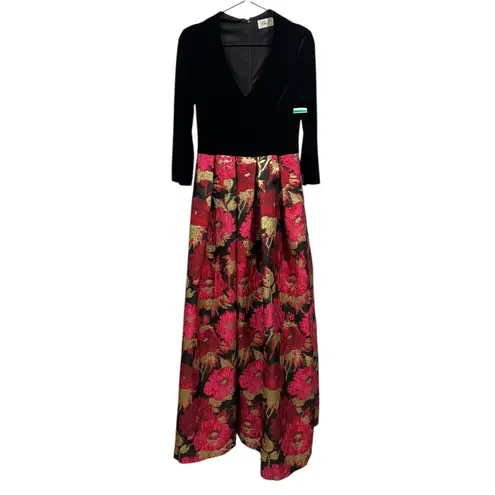 Eliza J Velvet Bodice Jacquard Ballgown Black Gold Burgundy 4