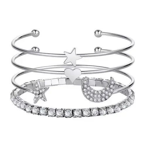 Boutique Silver Bangle Bracelet Set Crystal Star Moon Heart Charm Stackable Jewelry