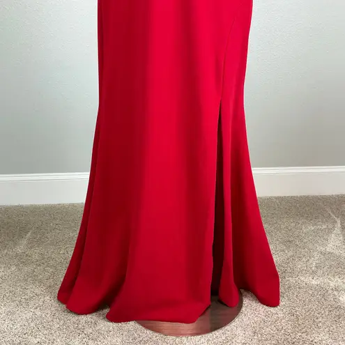 XScape Red One Shoulder Evening Gown Size 14P Cut Out Thigh Slit Formal Dress