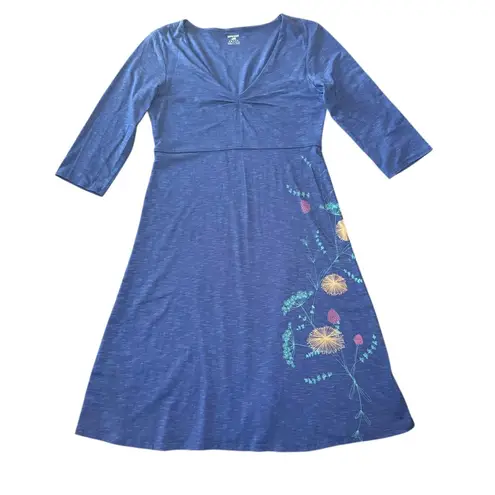 Horny Toad Blue Floral Print V Neck 3/4 Sleeve A Line Midi Dress Women Small