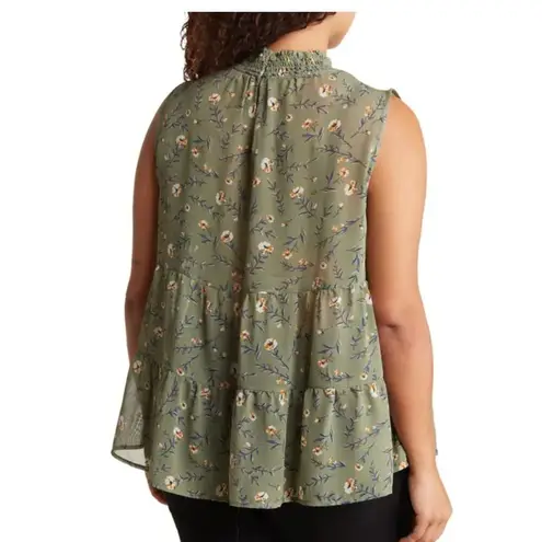 Pleione  Tiered Floral Print Sleeveless Mock Neck Babydoll Top Olive Green Large