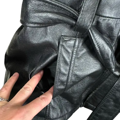 PELLE Black Genuine Leather Hooded Belted Faux Fur Lined Full Zip Jacket Size L Size L