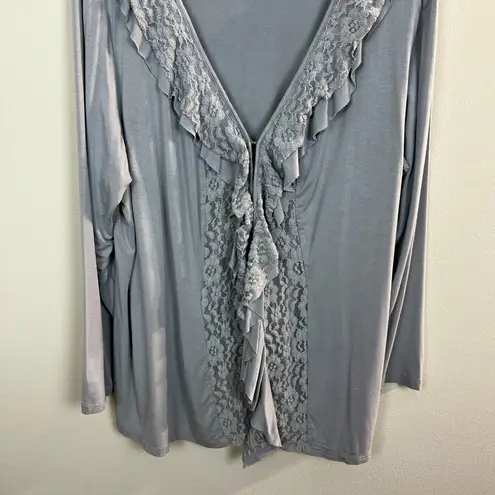 Midnight Velvet Cardigan Top 3X Gray Lace Ruffle Knit V
