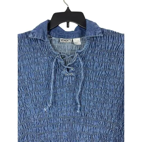 VTG Y2K 90s Blue Crinkle Denim Look Lace Up Shirt 2X Textured Stretch Top 2X