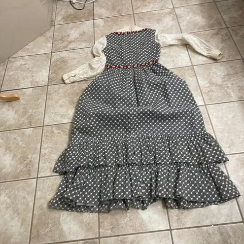 Vtg Floral Embroidered Maxi Dress Mock Neck Lace Ruffle Victorian sm