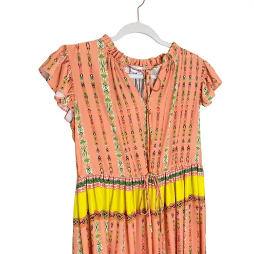 Gibson Latimer Gibson & Latimer Border Print Midi Dress Size Medium Tie Front Ruffle Orange New - Image 3