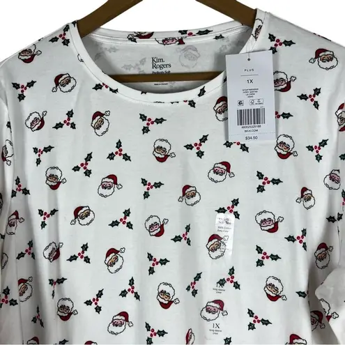 kim rogers NWT Pajama Top Women 1X White Santa Long Sleeve 100% Cotton Christmas