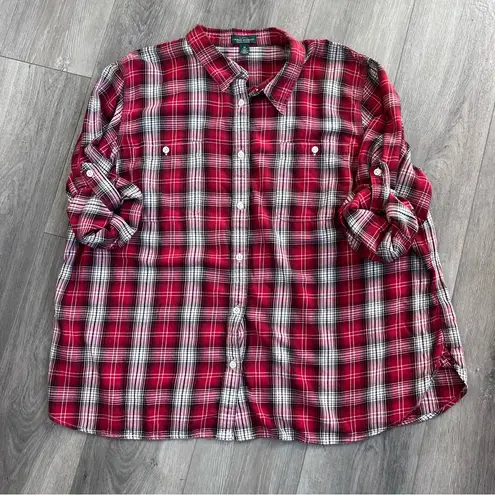 Ralph Lauren Lauren  Jeans Women’s Red White Plaid Flannel Cotton Shirt 3XL