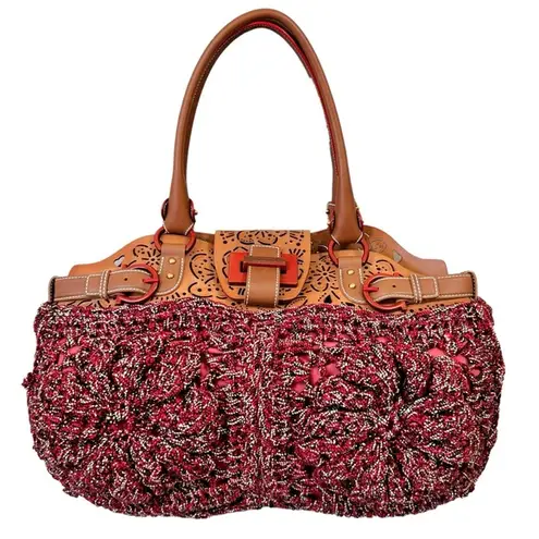 Salvatore Ferragamo Laser-Cut Leather and Crochet Bag in Original Wine