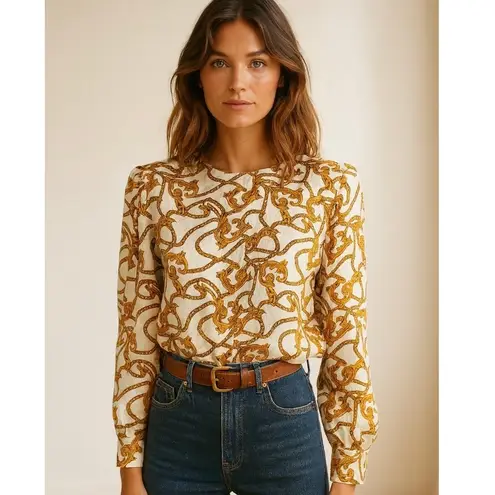 Vintage Satin Equestrian Chain Print Blouse Heritage Preppy Baroque Top Large Gold