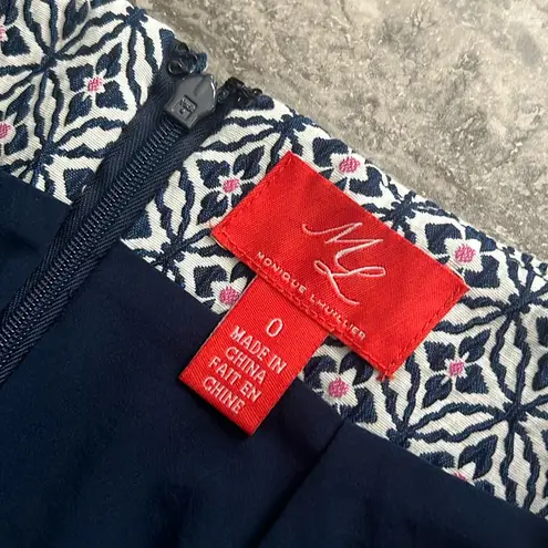 Monique Lhuillier ML Jacquard Ruffle Skirt, Navy Multi Size 0 New w/Tag $395