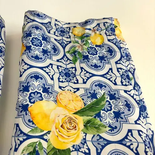 Boston Proper Flora Tiles Flowy Palazzo Pant Blue White Yellow Floral Lemons