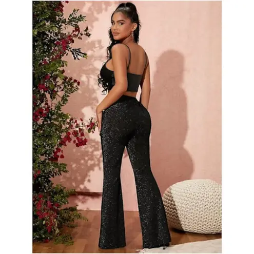 SOLY HUX Metallic Sequin Tie Front Elastic Waist Flare Leg Bottom Disco Pants XL Black