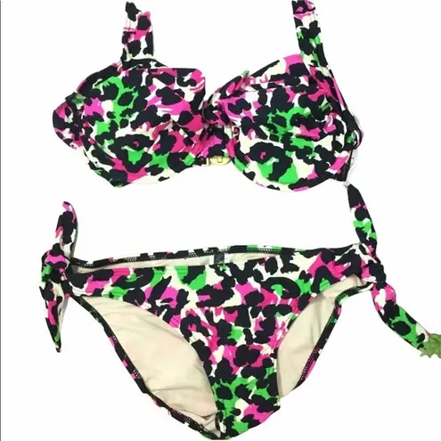 Envy Rockabilly Pinup girl halter neon pink leopard side tie bikini rare