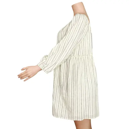EMERSON FRY Jasmine Button Down Dress, Ivory Hemp Stripe Organic, Large Blue
