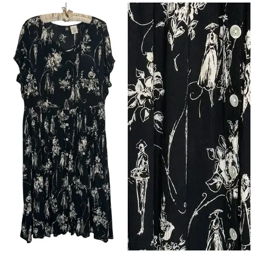 Bila Black Toile Floral Gauze Midi Dress XL Boho Button Front Tie Back Rayon