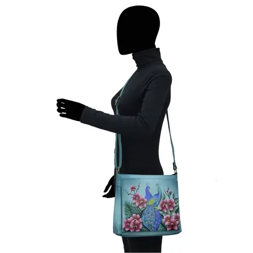 Anuschka Peacock Hand-Painted Blue Floral Crossbody Bag