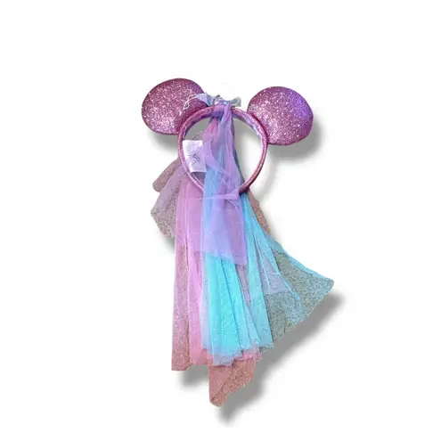 Disney Minnie Mouse Headband One Size Pink Glitter Ears Tulle Streamers Bow