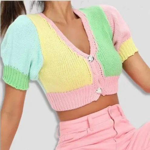 Retro Jarinya Cropped Top Summer's Bliss Pastel Knit Color Block Multicolor Sz S Pink