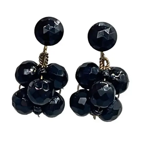 Vintage gold over sterling silver facetted black glass beaded earrings