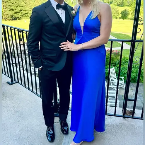 Aidan Mattox Azure Blue V-Neck Satin Halter Bias Draped Gown Dress