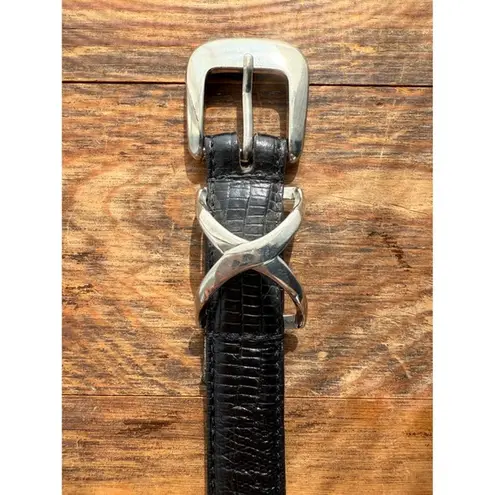 Vionic Y2K Black Leather Croc Embossed Belt Silver X Buckle Minimalist Unisex