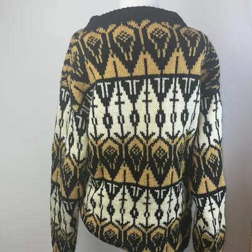 Vintage 1970s Womens Hand Knit Chunky Nordic Fair Isle Wool Geometric Sweater Size L