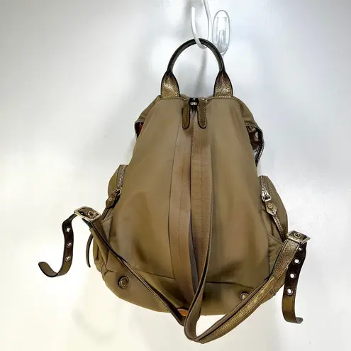 MZ Wallace Marlena Bedford Nylon Drawstring Backpack Tan Metallic Leather Trim