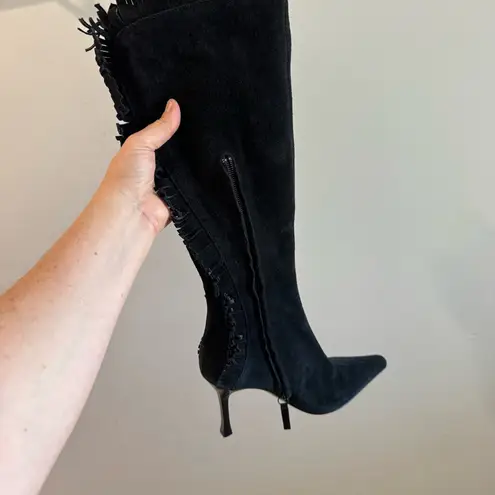 St. John Black Suede Fringe Trim Knee High Heeled Boots Size 7.5B