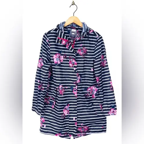 Joules Women’s Navy Blue White Stripe with Pink Flowers Rain Coat Jacket Sz 4