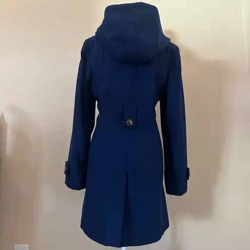 London Fog Women's Navy Trench Coat Sz L Wool Blend Hooded Winter preppy Jacket