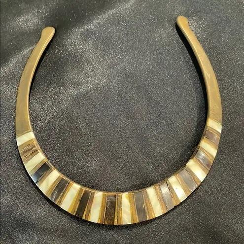 Vintage Mother of Pearl and Stone Inlay Brass Collar Necklace White