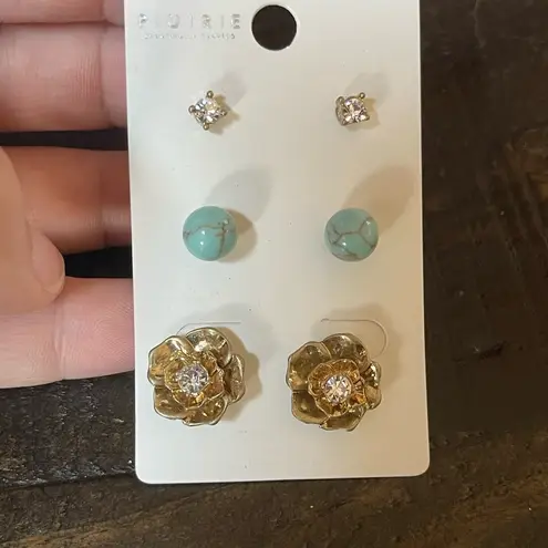 Boutique Gold Tone Rose Flower Crystal Stud Trio Set Of Earrings