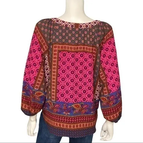 New Directions Boho Floral Button Front Tie Hem Top Pink Purple Print Size L Red Size L