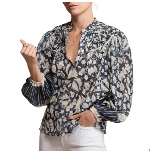 Ulla Johnson Yulia Blouse Indigo Printed Metallic Size 0 Shirt Statement Sleeve