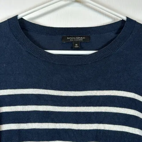 Banana Republic  Silk Cashmere Crewneck Navy White Stripe Top Size Med EUC #6762