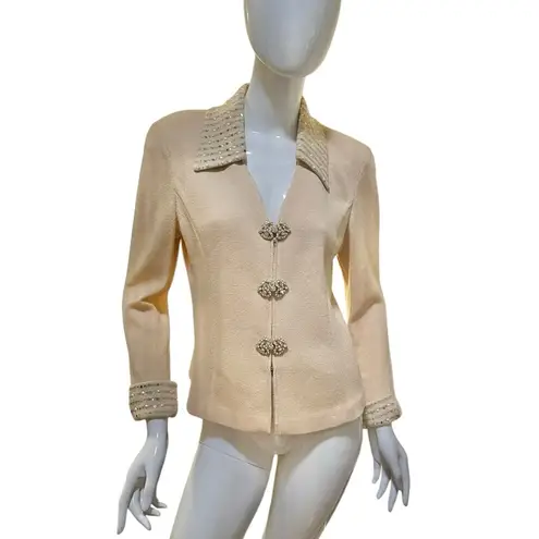 St. John Knit Cream Evening Jacket Rhinestone Pearl Size 8
