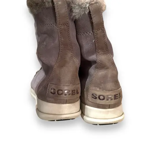 Sorel Joan Explorer Shearling Faux Fur Lace Up Gray Leather Booties Sz 9