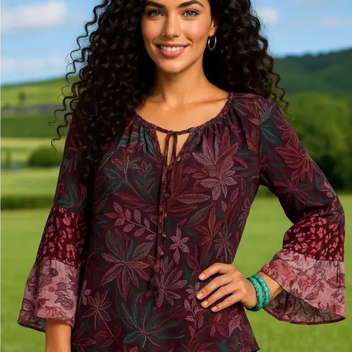 Johnny Was Jade Toledo Tiered Sleeve Silk Printed Blouse NWT