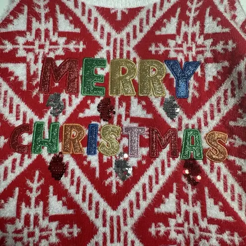 Holiday Time  Merry Christmas Sequin Logo Ugly Christmas Sweater XL Fuzzy Glitter