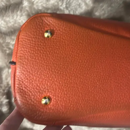 MCM Handbags Orange Leather Satchel Purse Small Tote Visetos Logo Studs Bag