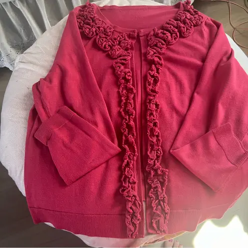 Pink cardigan with flower & beads appliqué on v neck and front size 2X