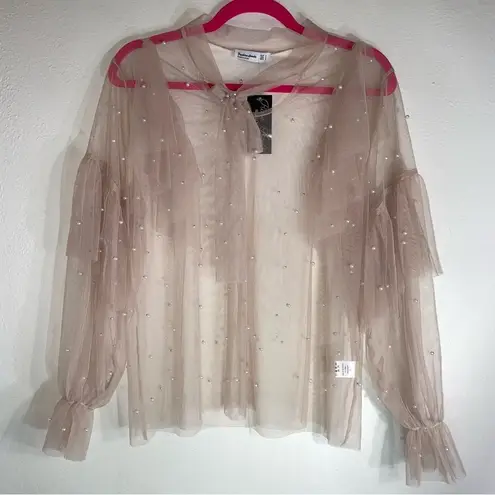 Fashion Leader L Tan Mesh Top Pearl Beaded Long Ruffle Sleeves Size L