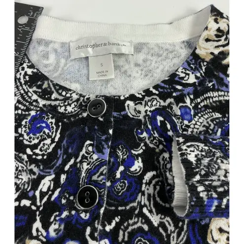 Christopher & Banks Paisley Rose Print Cardigan Sweater Blue Small 100% Cotton