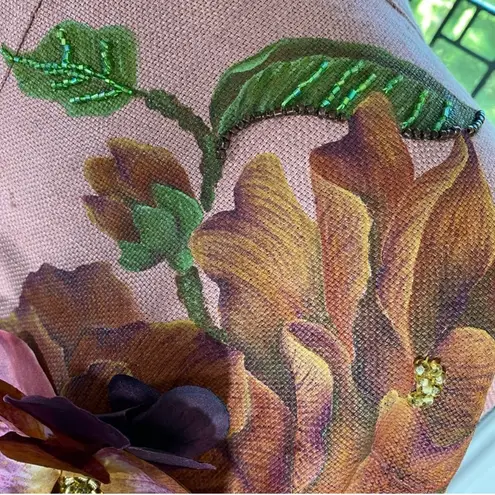 Beautiful Hand Painted Floral & Beaded Linen Jacket Sz L Pink Size L