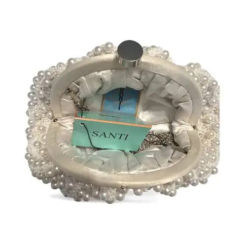 Santi Imitation Pearl Clutch – Satin & Beaded Evening Bag White