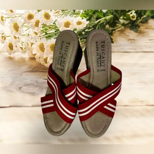 Tuscany By Easy Street Women’s Size 6.5 WW Red Striped Fabric Wedge Sandals