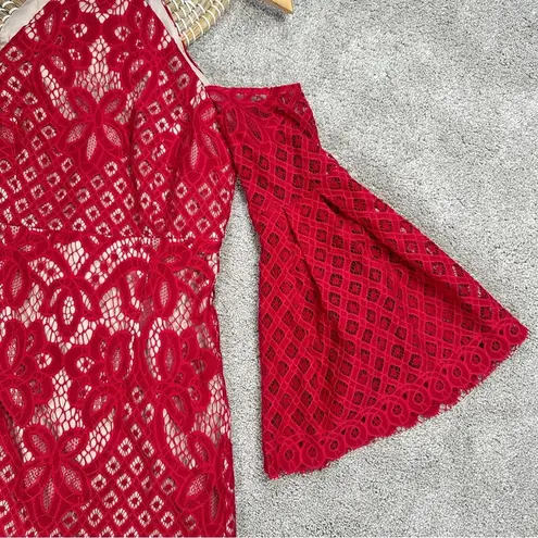 Bardot Mila Lace Dress Cold Shoulder Flare Sleeve Halter Neck Red Cut Out Back 4